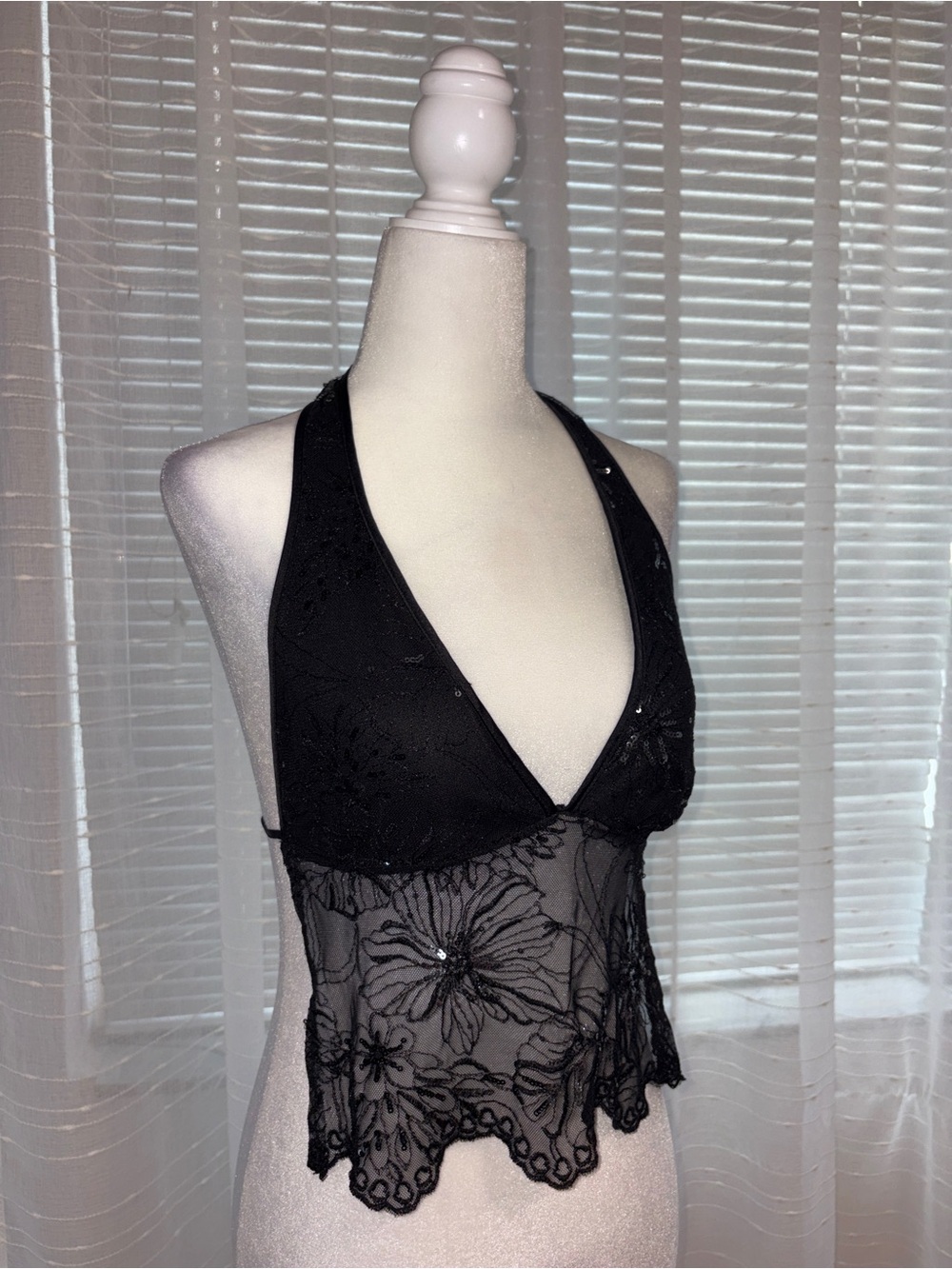 Sheer Floral Lace Halter Top in Black